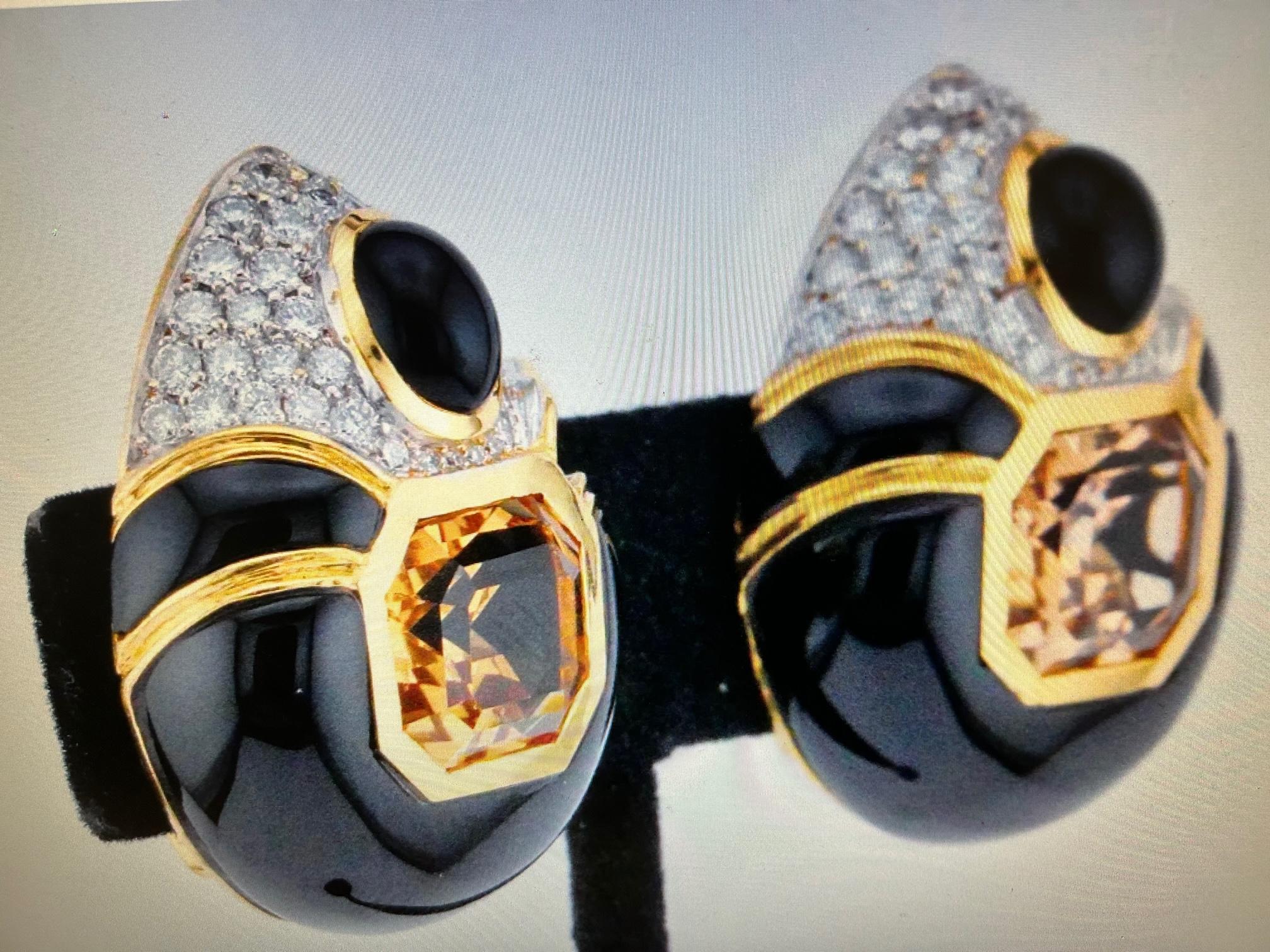 10.00ctw Citrine, 2.70ctw Diamond, Onyx 18K Ear Clips In Excellent Condition For Sale In New Orleans, LA