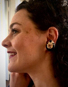 10.00ctw Citrine, 2.70ctw Diamond, Onyx 18K Ear Clips