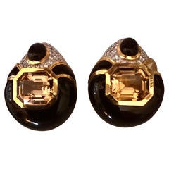 Vintage 10.00ctw Citrine, 2.70ctw Diamond, Onyx 18K Ear Clips