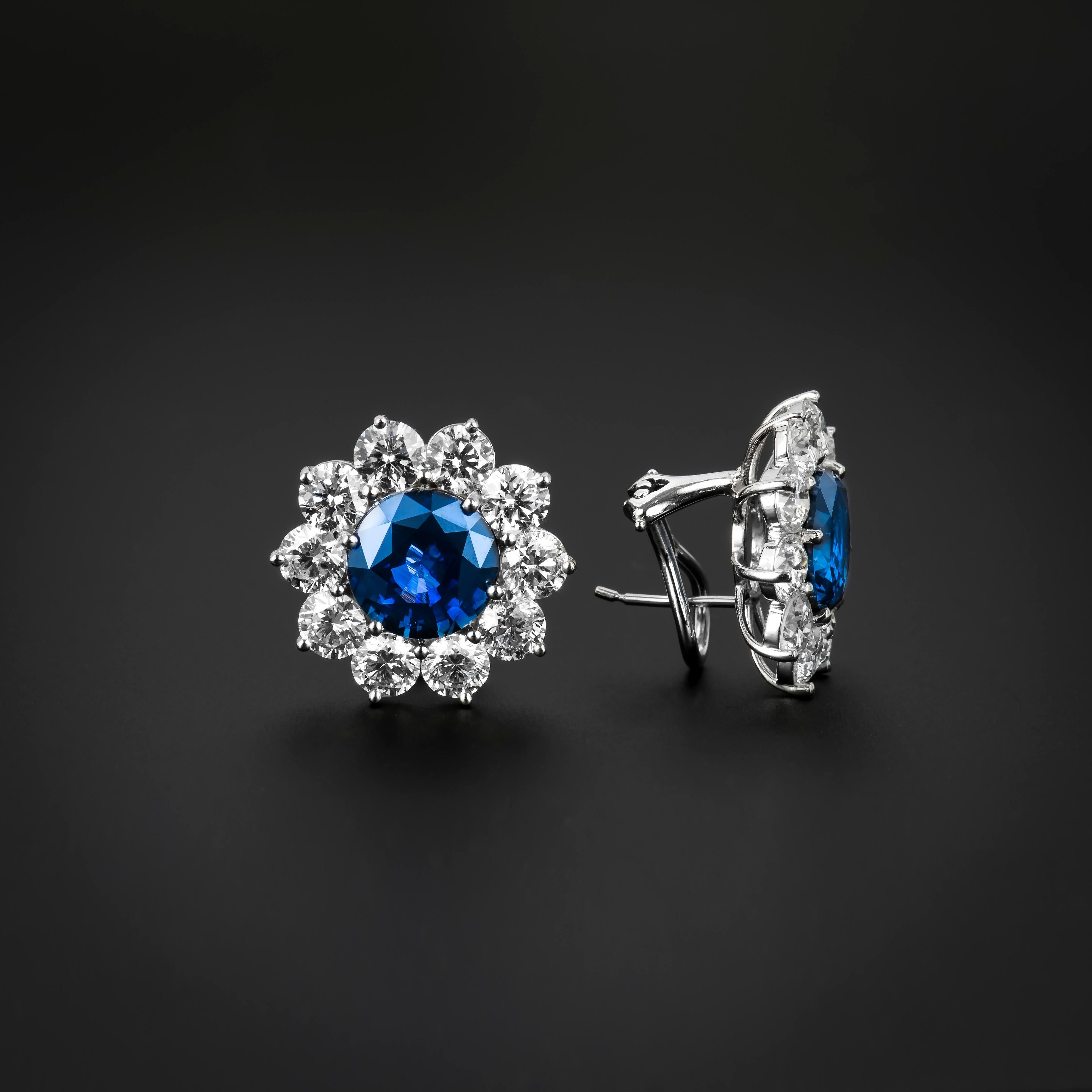 Round Cut 10.01 Carat Blue Sapphire Stud Earrings with 8.3 Carat Total Weight Diamonds