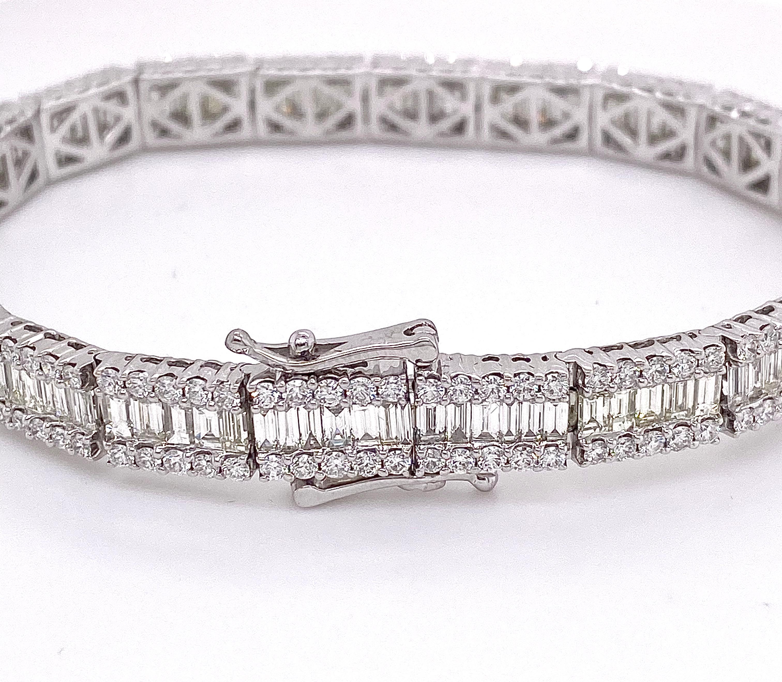 Baguette Cut 10.01 Carat Diamond Baguette and Round Straight Tennis 14 Karat Gold Bracelet