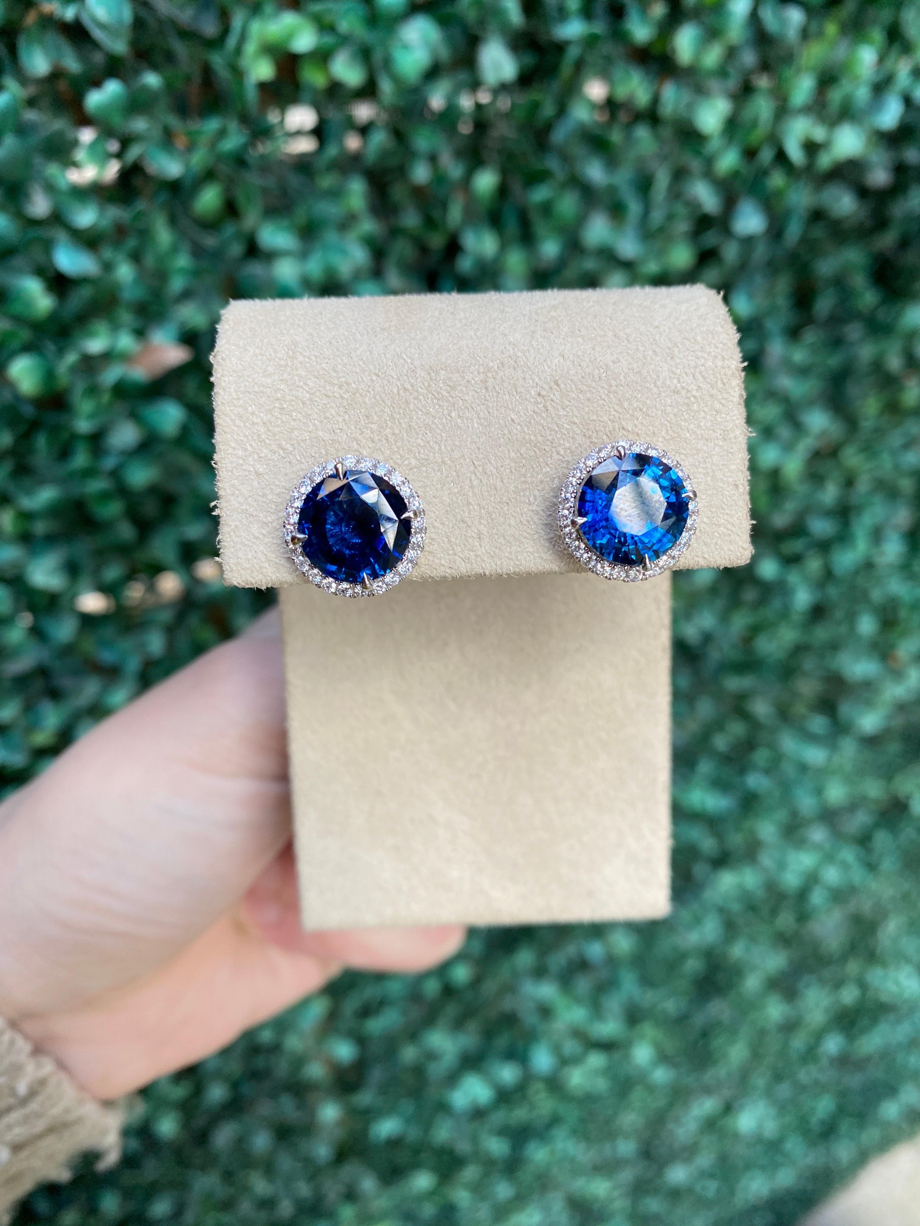 10.01 Carat Total Round Natural Blue Sapphires & Diamond Halo Stud Earrings, 18K 5