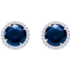 10.01 Carat Total Round Natural Blue Sapphires 
Diamond Halo Stud Earrings, 18K