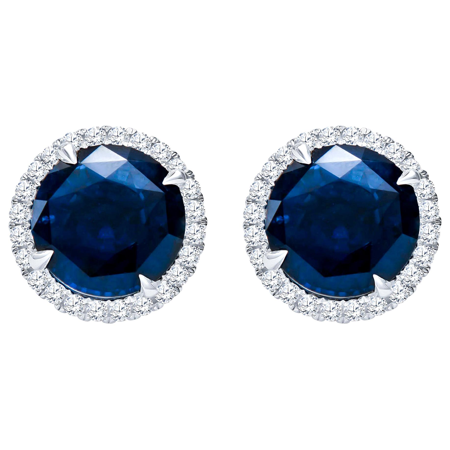 10.01 Carat Total Round Natural Blue Sapphires & Diamond Halo Stud Earrings, 18K