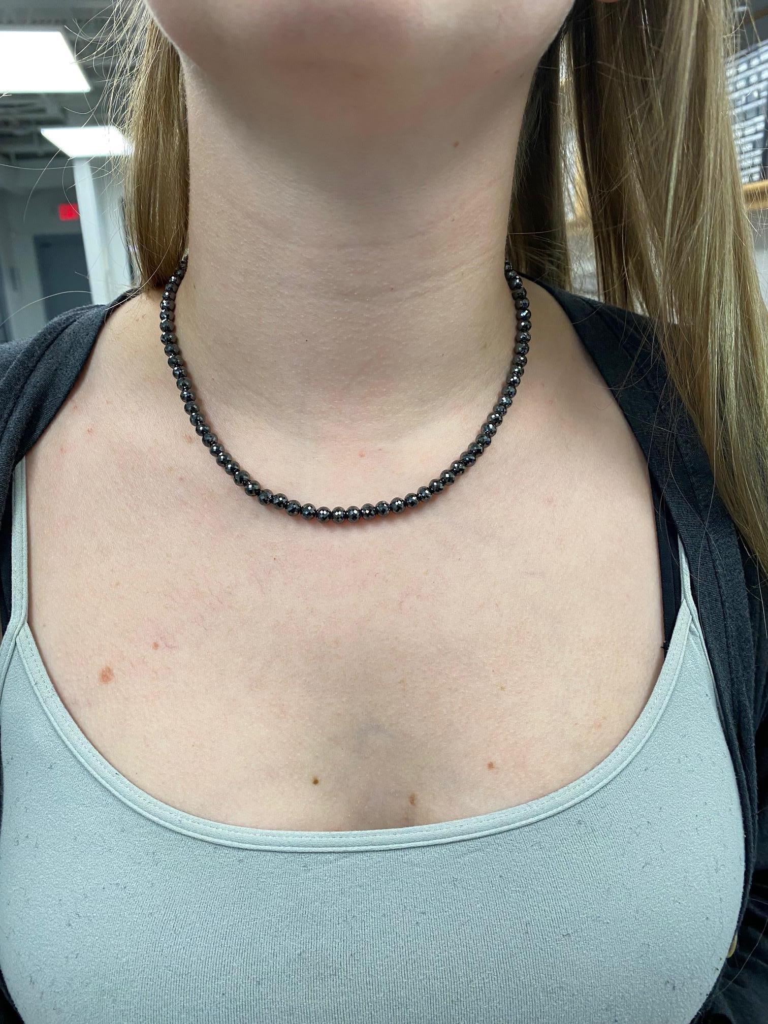 Bead 100.17 Carat Black Diamond Faceted Necklace with a White Gold Diamond Clasp For Sale