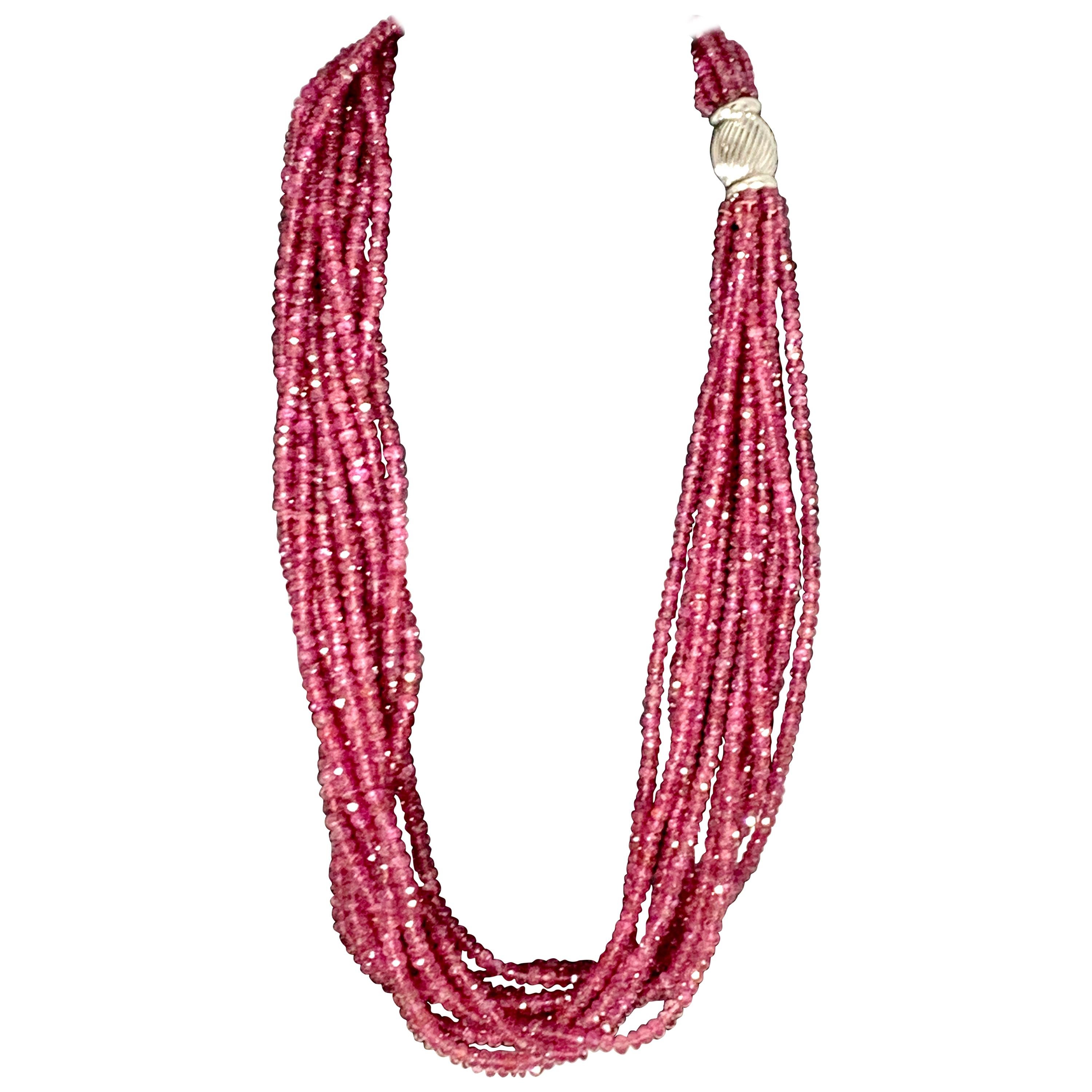 1002 Carat 10 Layer Natural Pink Tourmaline Bead Necklace 18 Karat Gold Clasp