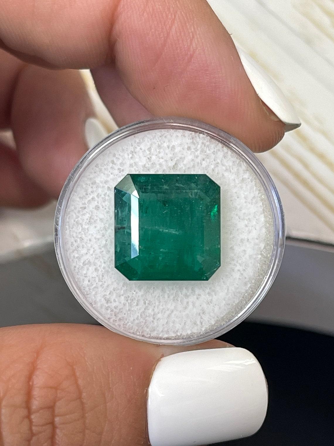 Stone: Emerald
Weight: 10.02-carats
Shape: Asscher Cut
Clarity: Transparent
Luster: Very Good
Color: Dark Green
Measurements: 13.53mm x 13.46mm x 6.88mm
Geographic Origin: Zambia
Treatment: Natural, Oiling

Comments: Due to their growth conditions