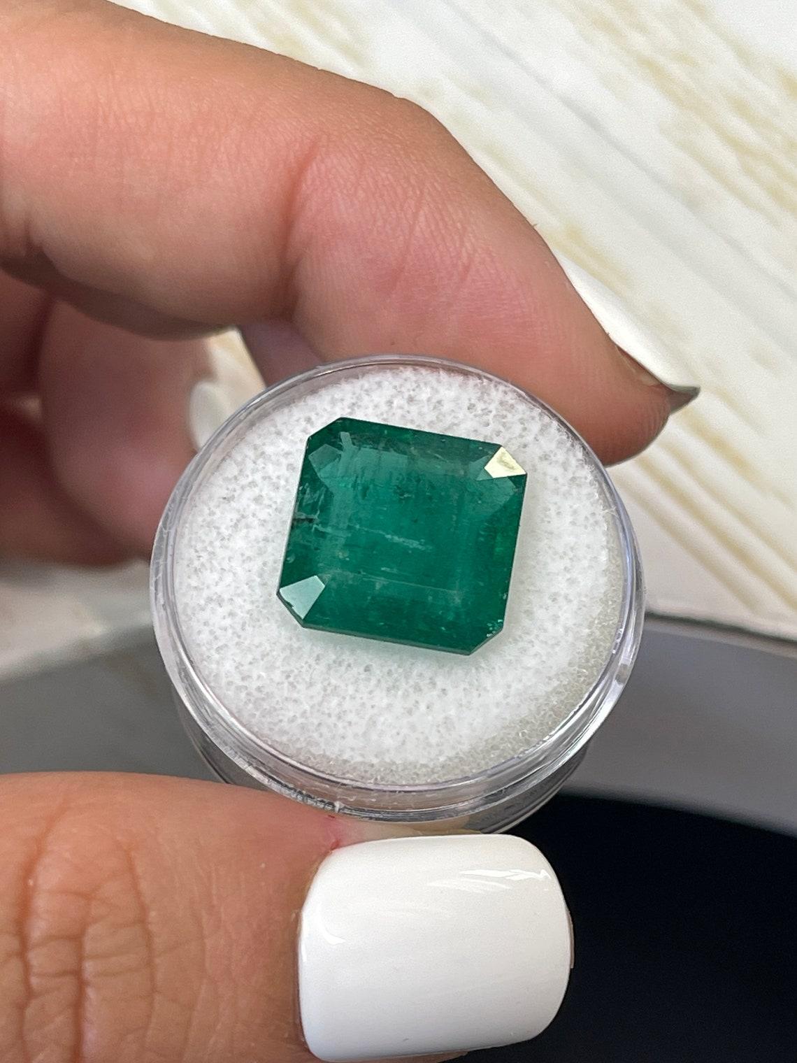 Modern 10.02 Carat 13.5x13.5 Dark Green Zambian Emerald - Asscher Cut May Birthstone For Sale