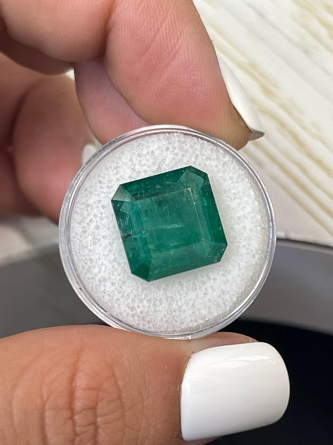 10.02 Carat 13.5x13.5 Dark Green Zambian Emerald - Asscher Cut May Birthstone In New Condition For Sale In Jupiter, FL
