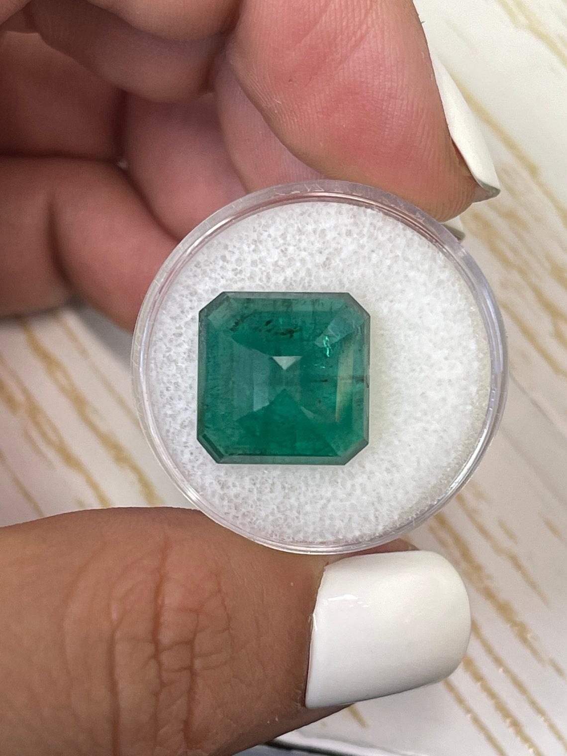 10.02 Carat 13.5x13.5 Dark Green Zambian Emerald - Asscher Cut May Birthstone For Sale 1