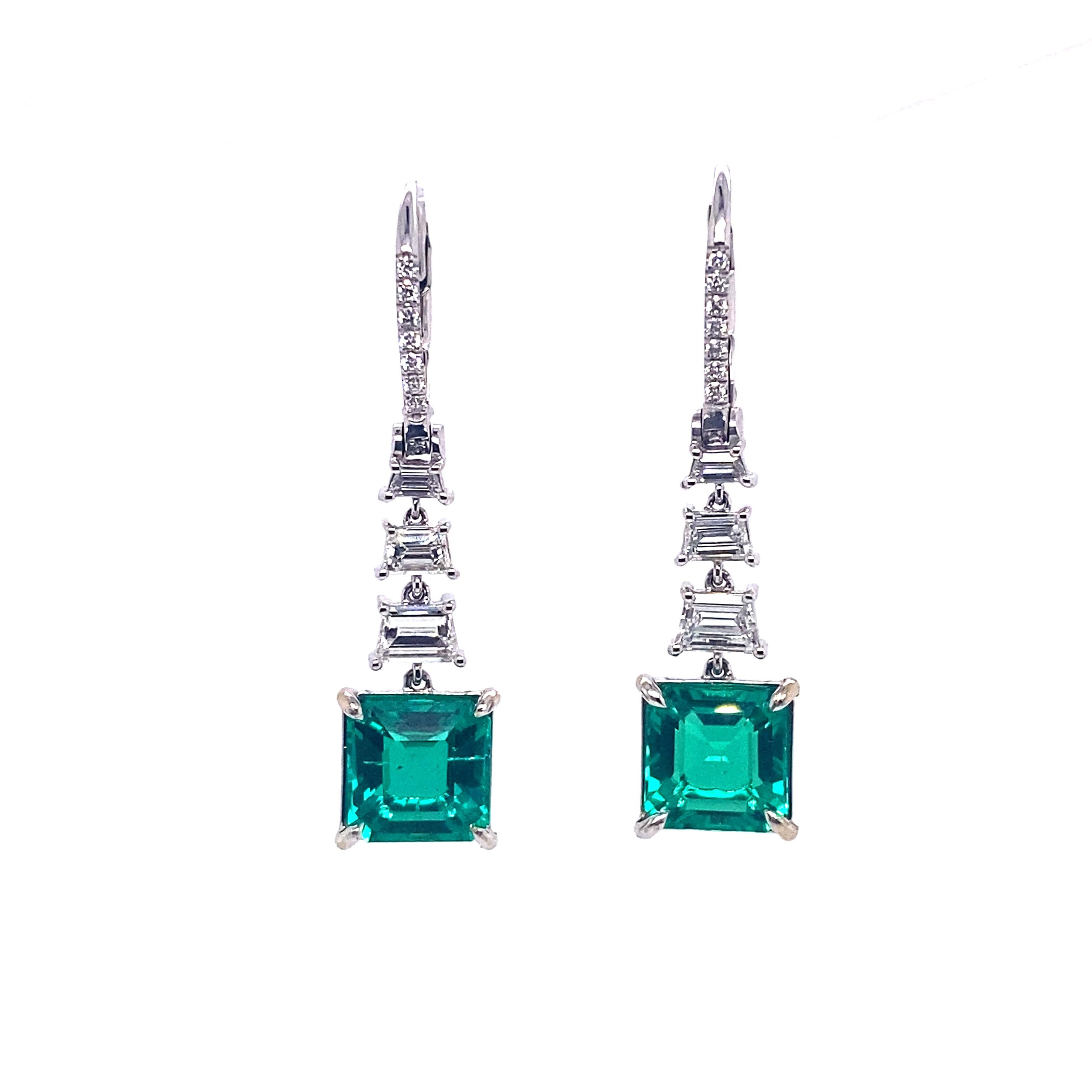 Emerald Cut 10.02 Carat Emerald Drop Earrings with Step Cut Diamonds For Sale