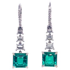 10.02 Carat Emerald Drop Earrings with Step Cut Diamonds