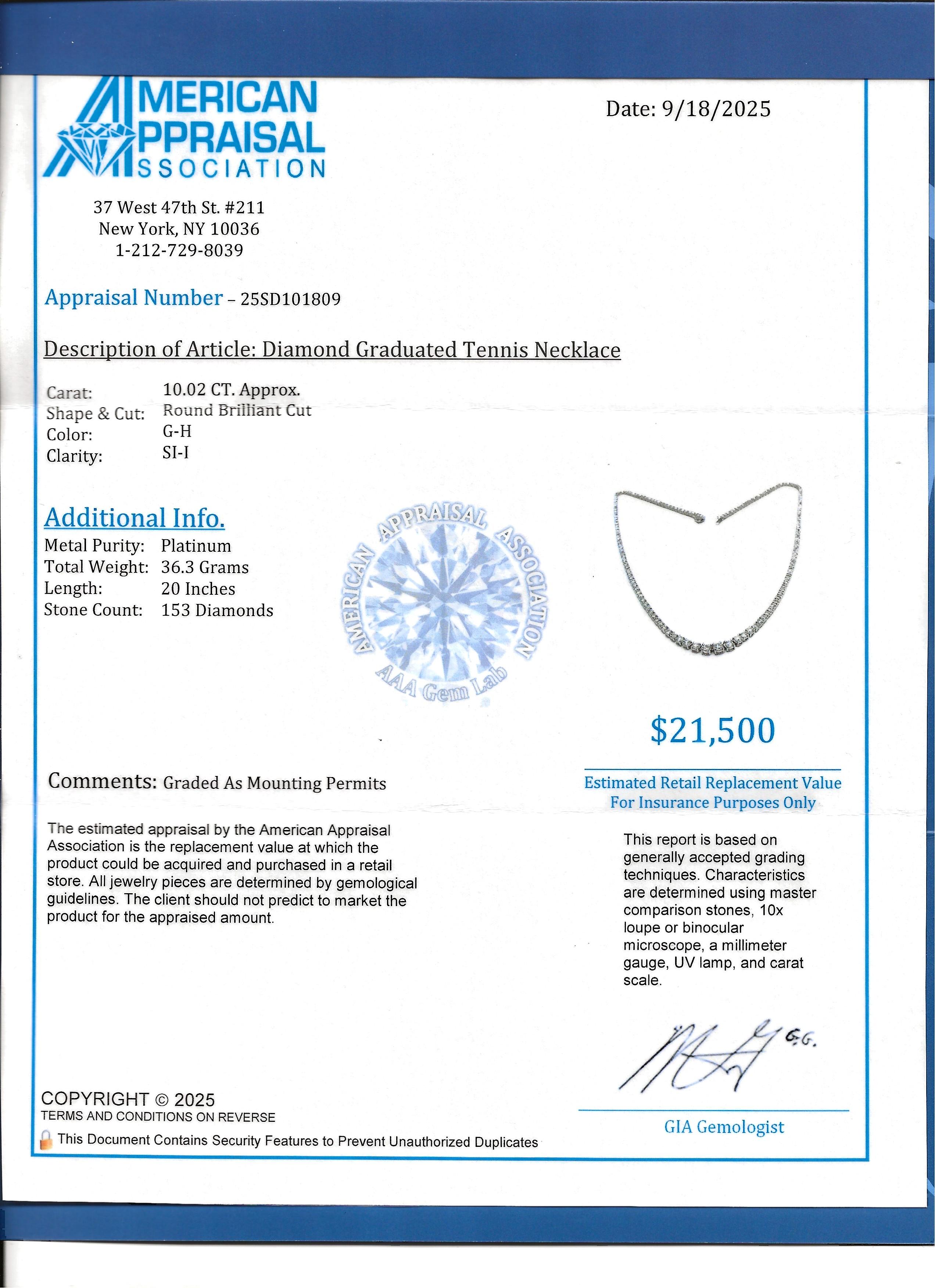 10.02 Carats Total Diamant rond brillant gradué Collier Tennis en Platine en vente 6