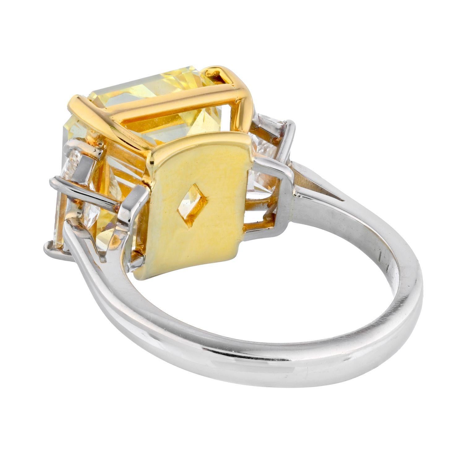 Modern 10.02 Ct Radiant Cut Platinum Fancy Yellow Three Stone Diamond Engagement Ring For Sale