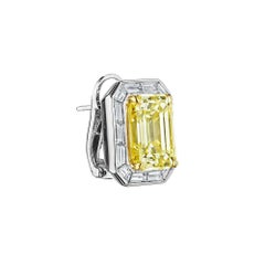 10.02ct GIA Emerald Cut Yellow Diamond Earrings & Baguette Diamond Halo in 18KT