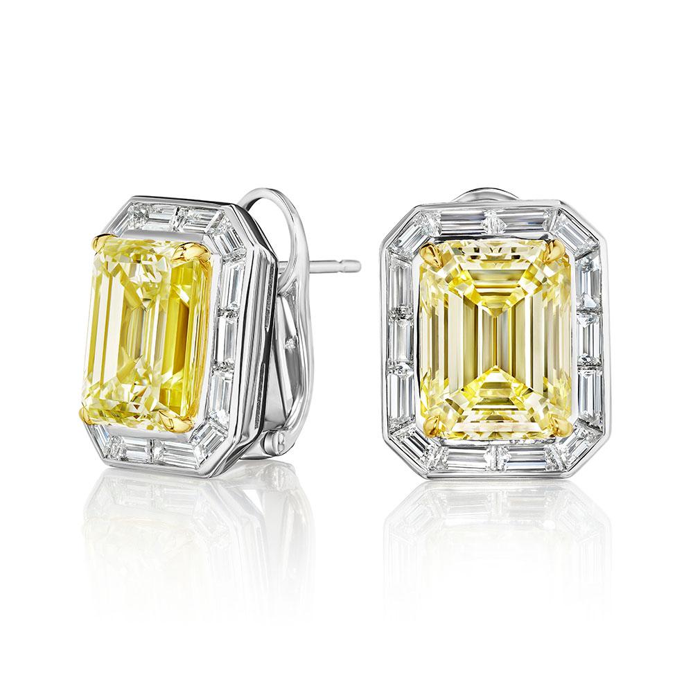 10.02ct GIA Emerald Cut Yellow Diamond Earrings & Baguette Diamond Halo in 18KT In New Condition For Sale In New York, NY