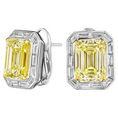 10.02ct GIA Emerald Cut Yellow Diamond Earrings & Baguette Diamond Halo in 18KT
