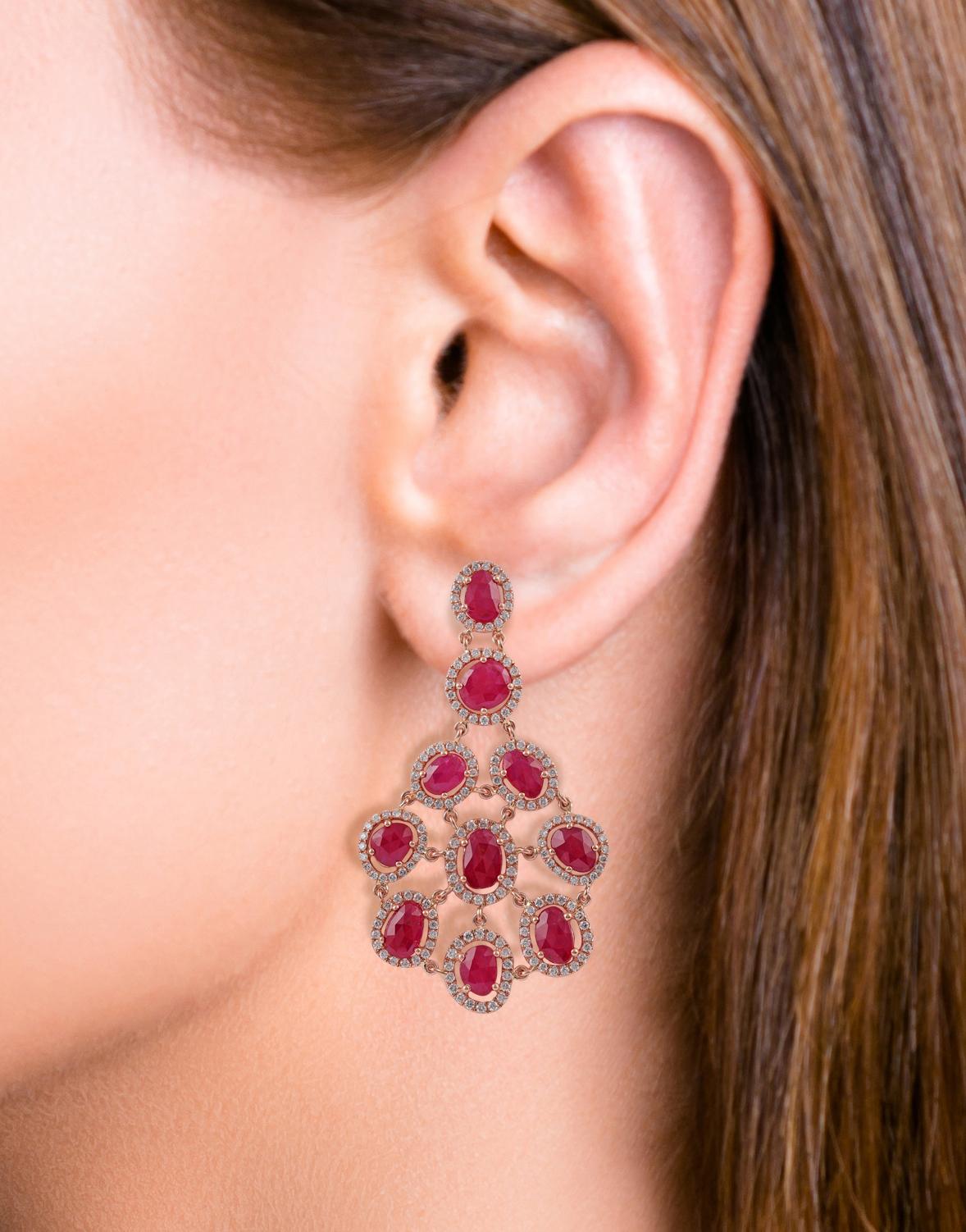 Mixed Cut 10.03 Carat Mozambique Ruby & Diamonds Long Earrings in 18k Gold For Sale