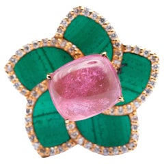 Anello in oro rosa con tormalina da 10,03 carati, diamanti VS G e malachite da 0,7 carati