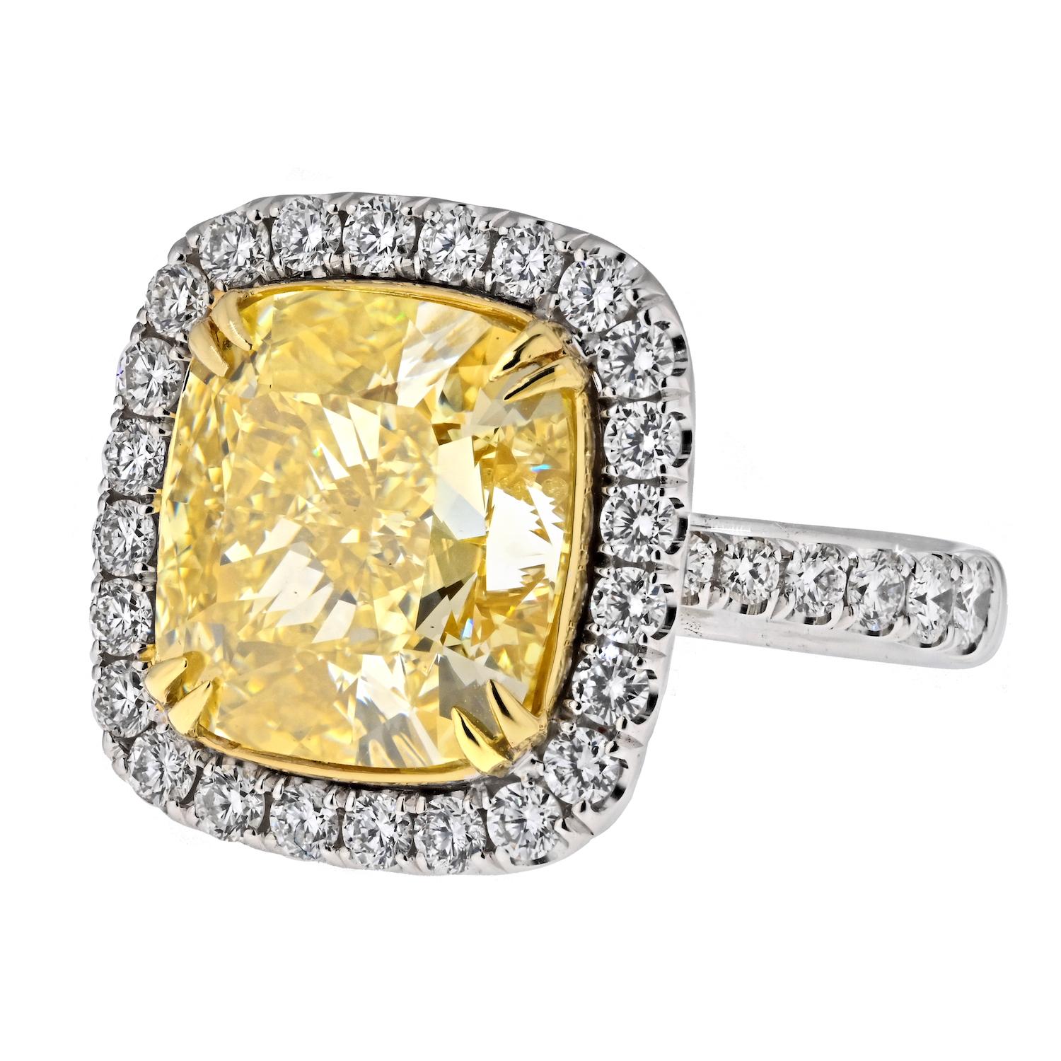 Modern 10.03ct Fancy Intense Yellow Cushion Cut Halo Set Diamond Engagement Ring For Sale
