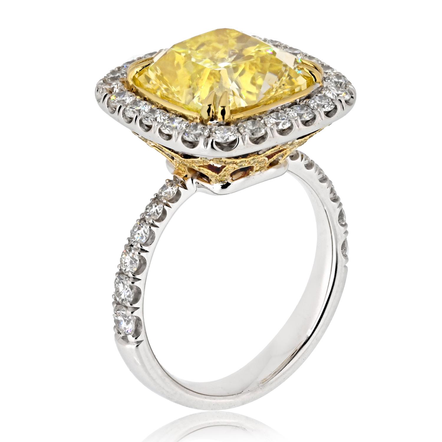 10.03ct Fancy Intense Yellow Cushion Cut Halo Set Diamond Engagement Ring In New Condition For Sale In New York, NY