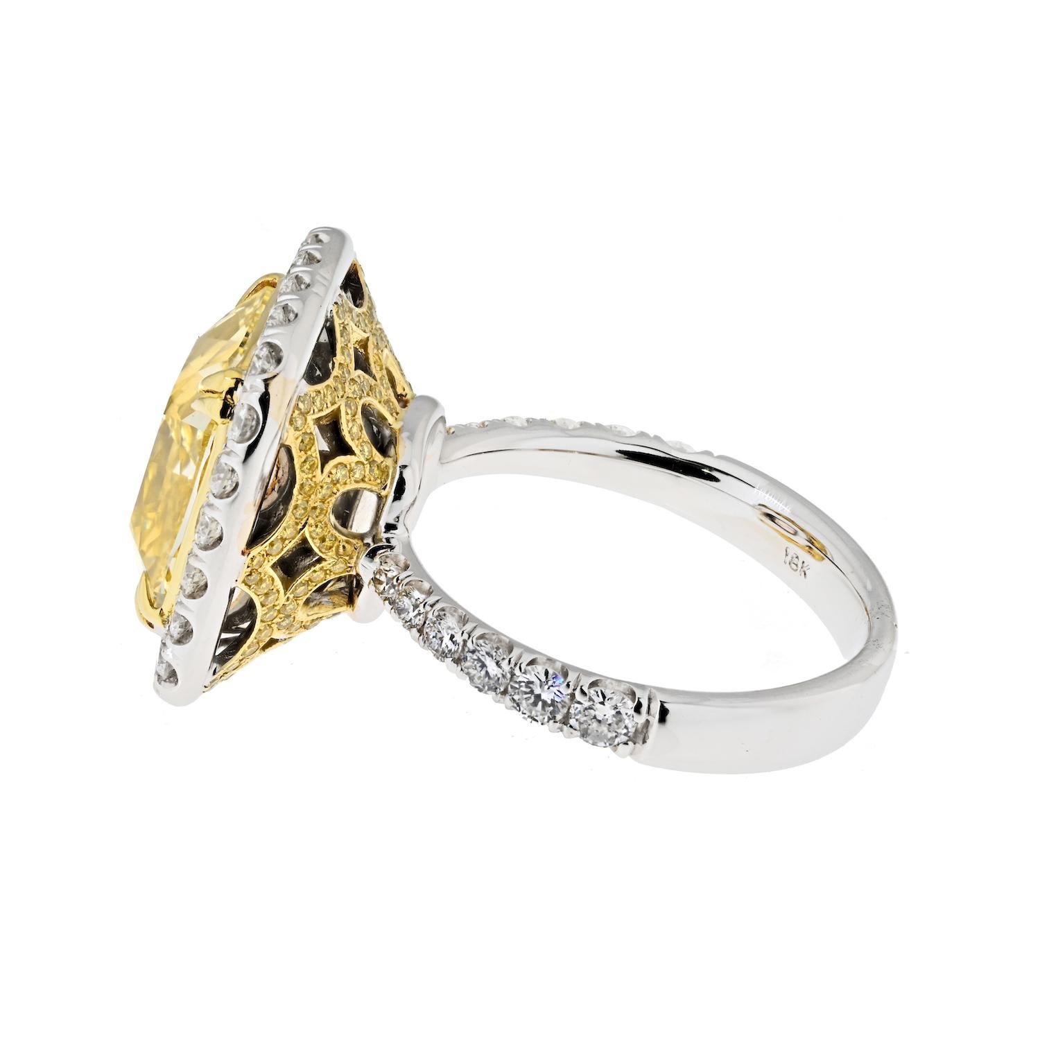 Women's 10.03ct Fancy Intense Yellow Cushion Cut Halo Set Diamond Engagement Ring For Sale