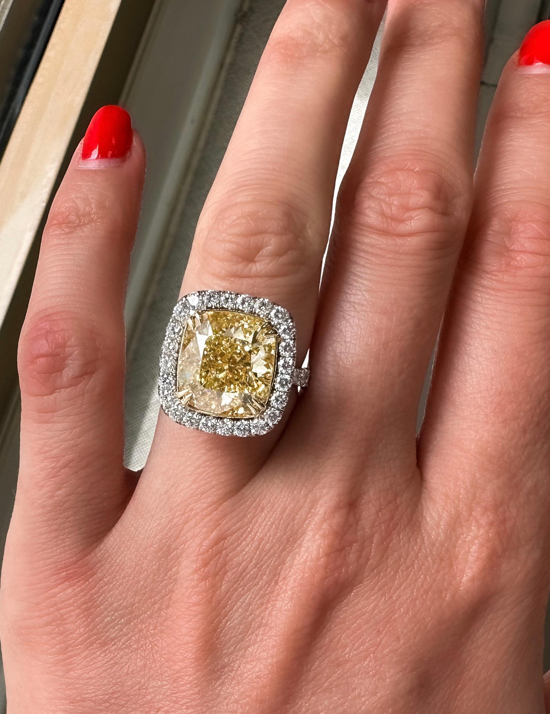 10.03ct Fancy Intense Yellow Cushion Cut Halo Set Diamond Engagement Ring For Sale 3