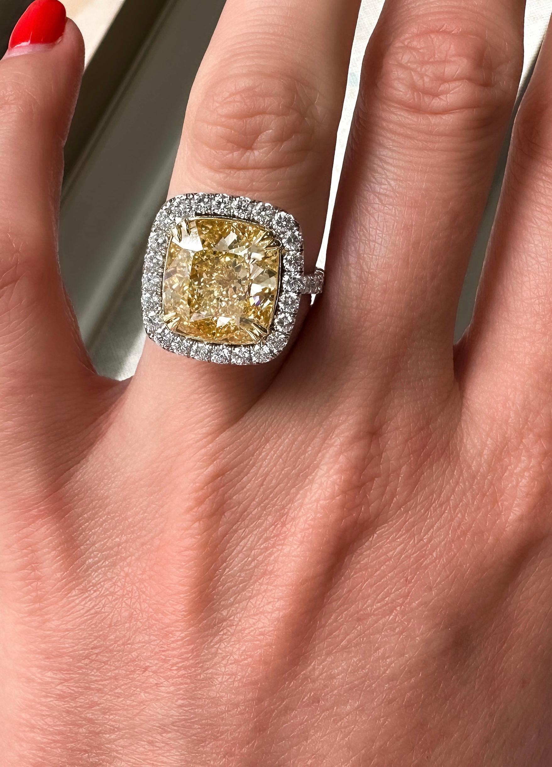 10.03ct Fancy Intense Yellow Cushion Cut Halo Set Diamond Engagement Ring For Sale 4