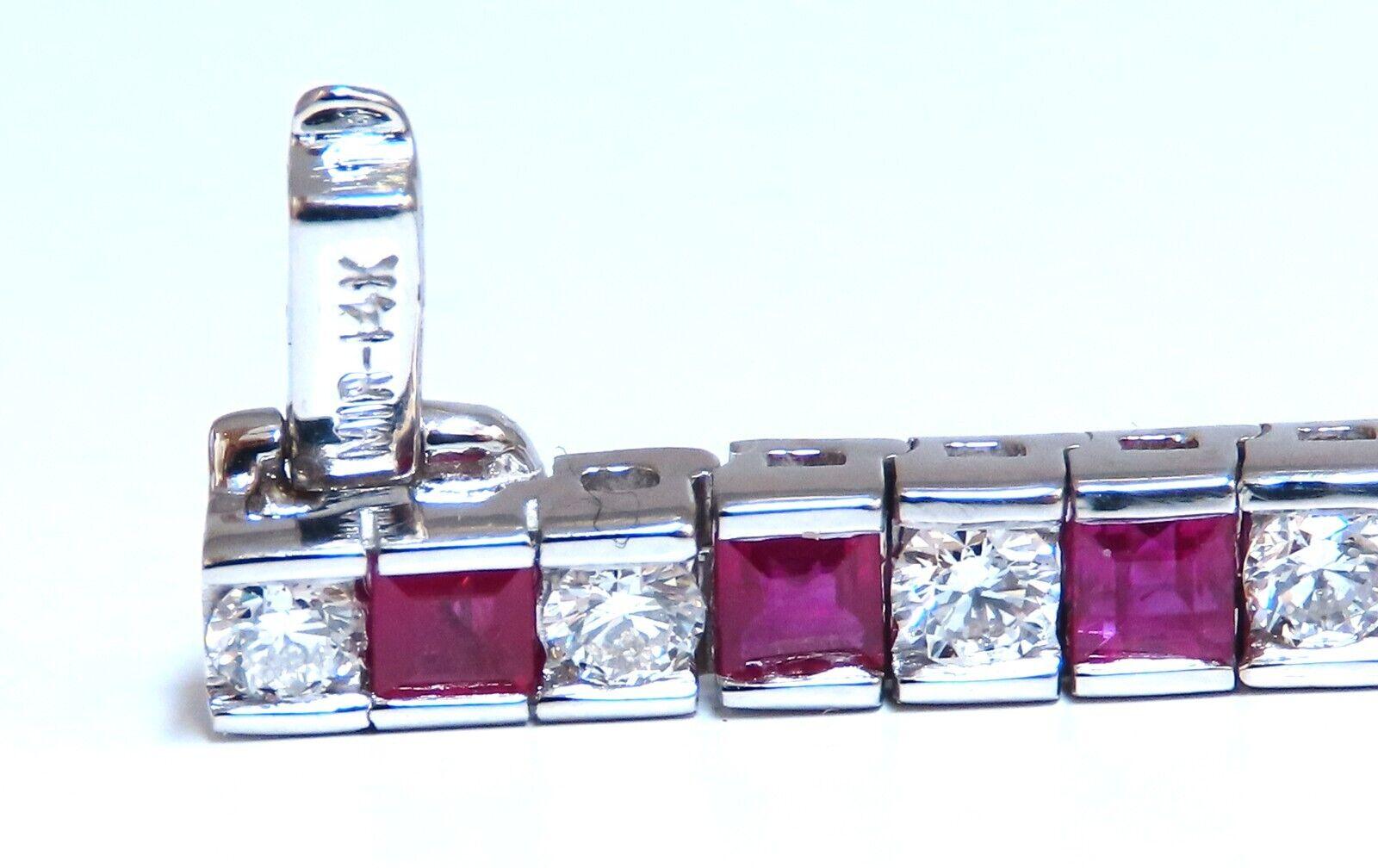 Ruby & Classic Alternating Tennis.

Channel Prime

7ct. Natural ruby bracelet.

Baguette, full cuts 

Clean clarity

Transparent & Even Reds.

3.03ct Natural Diamonds

Rounds & full cuts

Vs-2 clarity G-color

14kt. white gold 

17 Grams.

7 inch