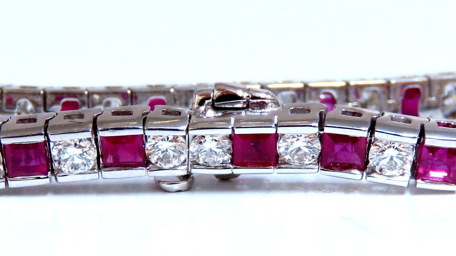 Baguette Cut 10.03 Carat Natural Ruby Diamonds Alternating Channel Line Bracelet 14 Karat For Sale