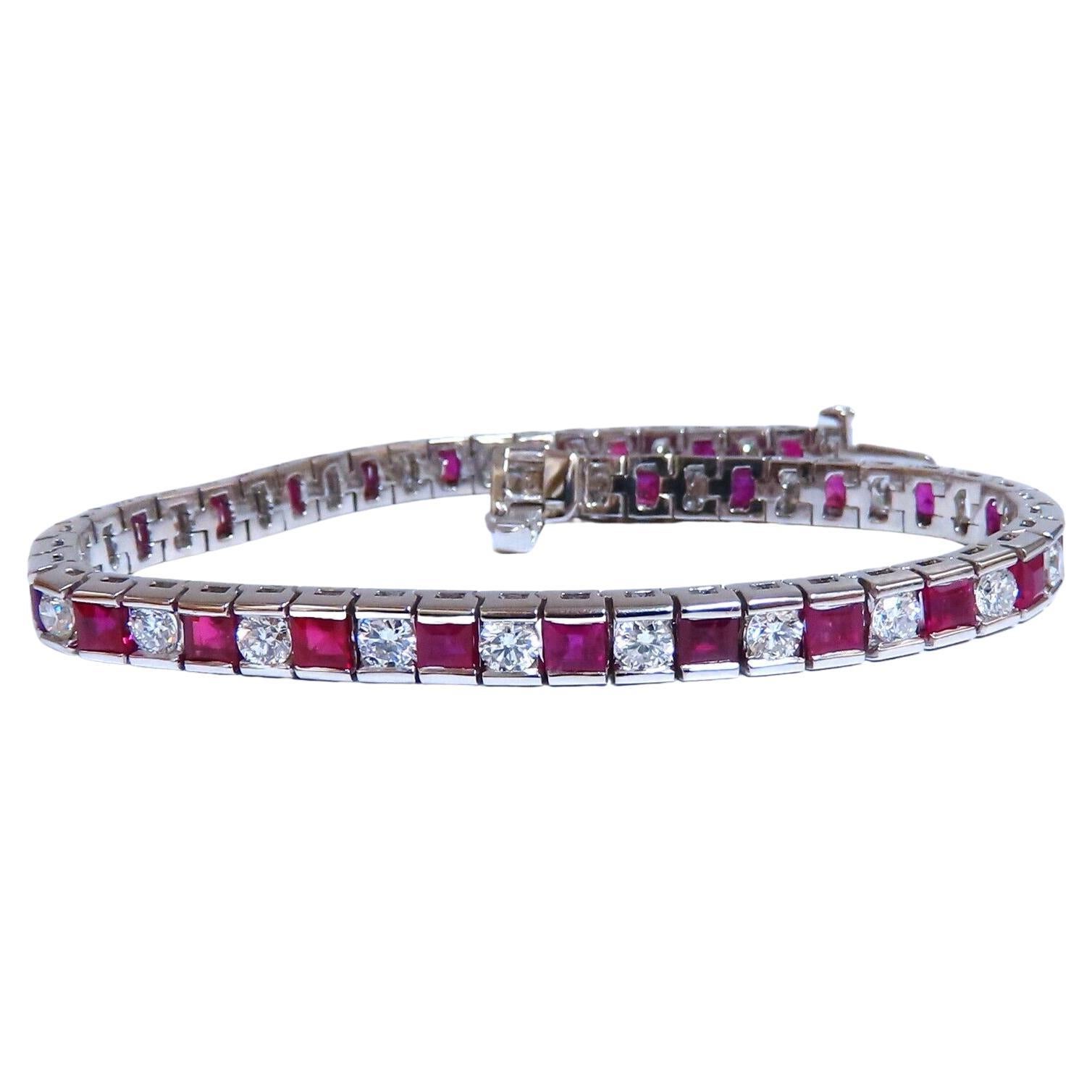 10.03 Carat Natural Ruby Diamonds Alternating Channel Line Bracelet 14 Karat For Sale