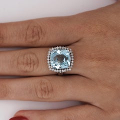 10.04 Carat Aquamarine Cushion Checkerboard Cut & Diamond Halo Platinum Ring