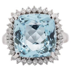 10.04 Carat Aquamarine Cushion Checkerboard Cut & Diamond Halo Platinum Ring