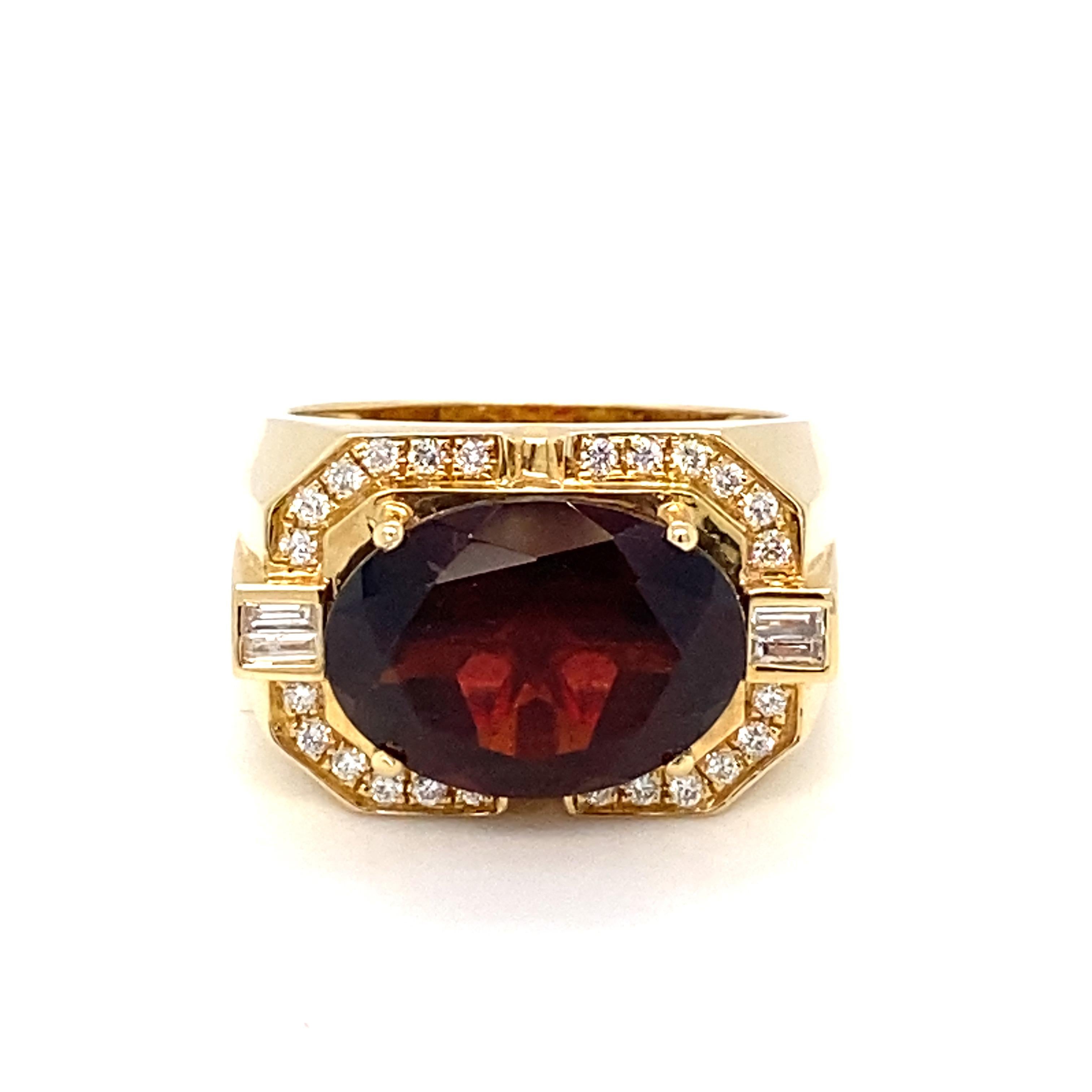 Eye Clean Oval 10.04 Carat Garnet with 0.38  carat white diamond is one of a kind hand crafted Ring. It is currently size 11 and can be resized .The Ring is set in 18K Yellow Gold.

Comfort fit under gallery makes it easy to wear the ring.

