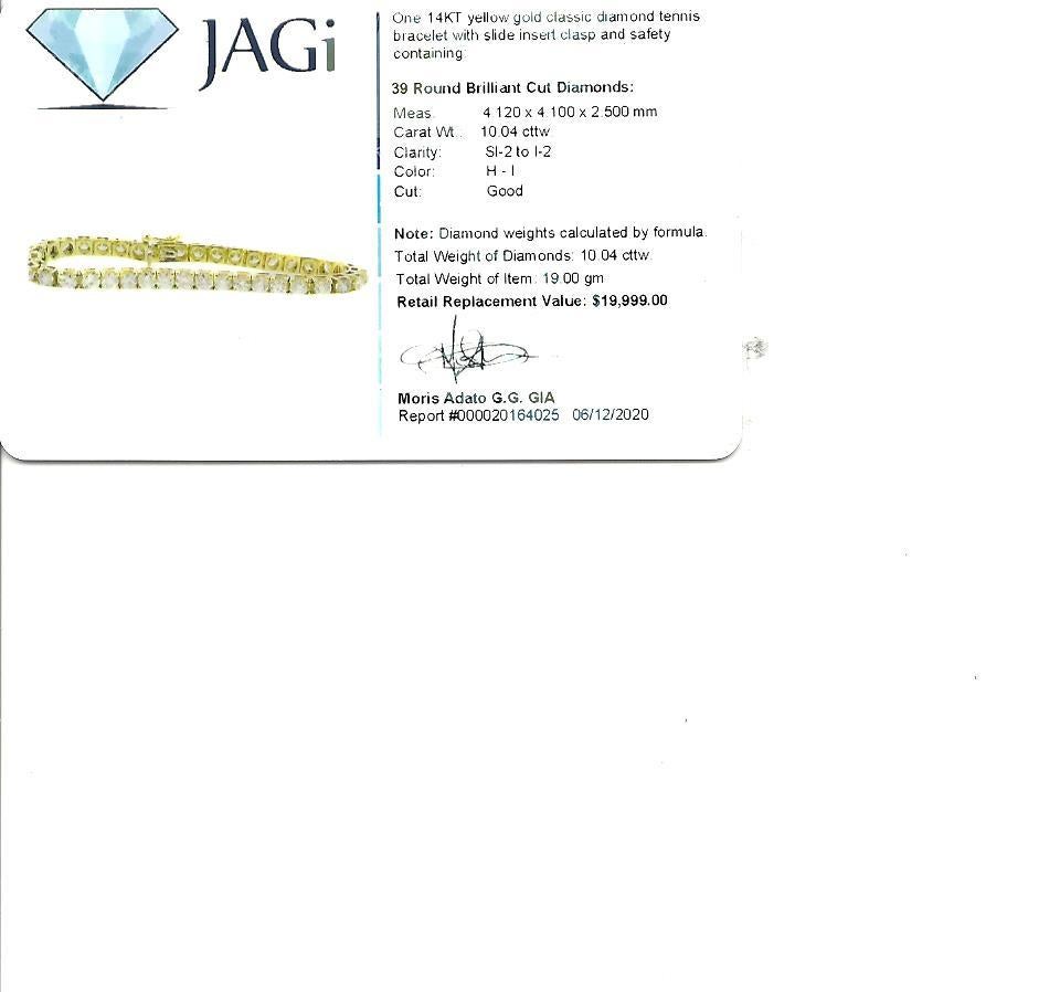 10.04 Carats Total Round Brilliant Diamond Tennis Bracelet 14 Karat Yellow Gold For Sale 5