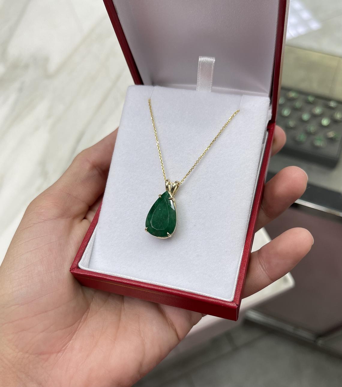 Women's 10.05-Carat 14K Emerald Pear Cut Solitaire Gold Pendant Prong Set For Sale