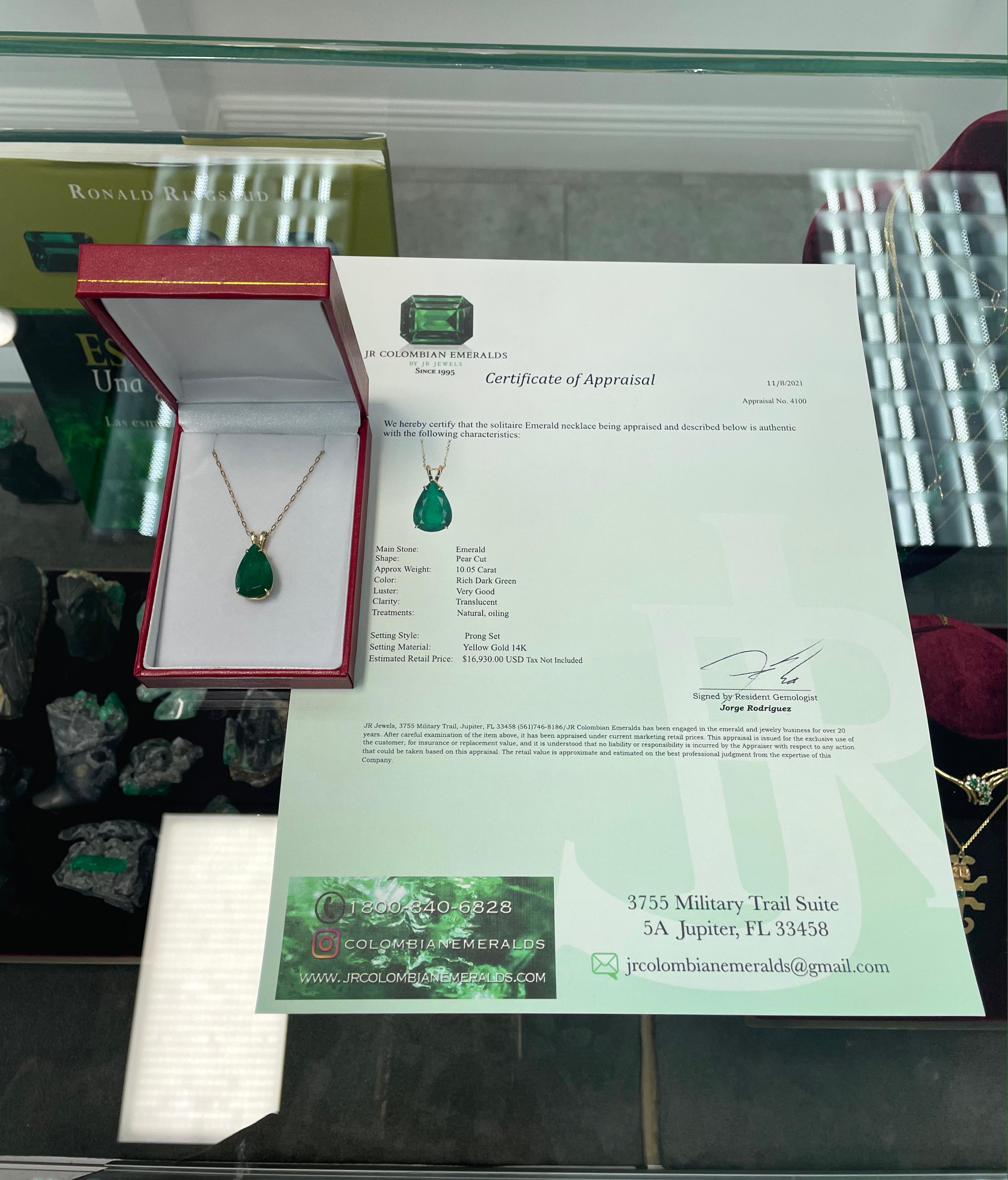 10.05-Carat 14K Emerald Pear Cut Solitaire Gold Pendant Prong Set For Sale 3