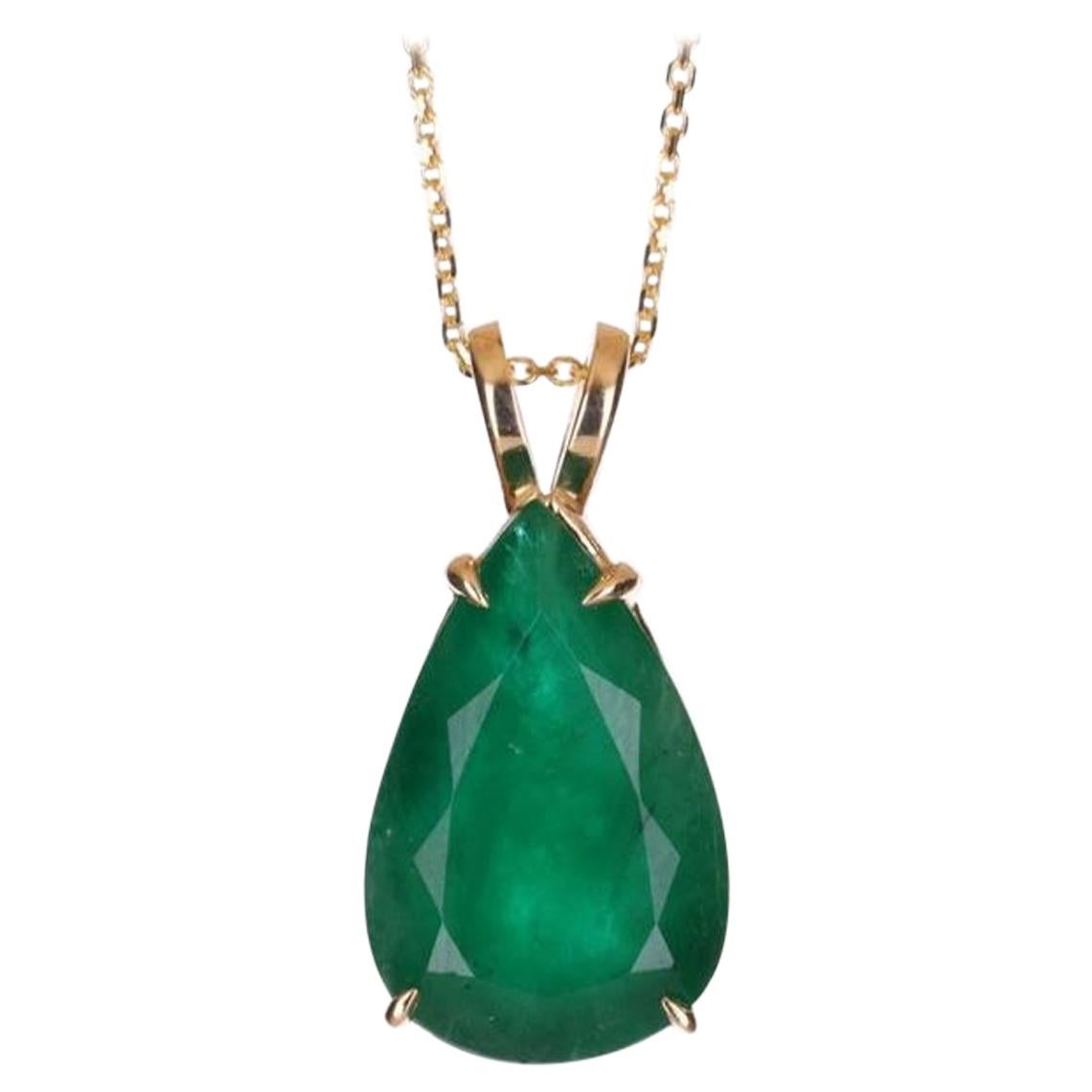 10.05-Carat 14K Emerald Pear Cut Solitaire Gold Pendant Prong Set For Sale