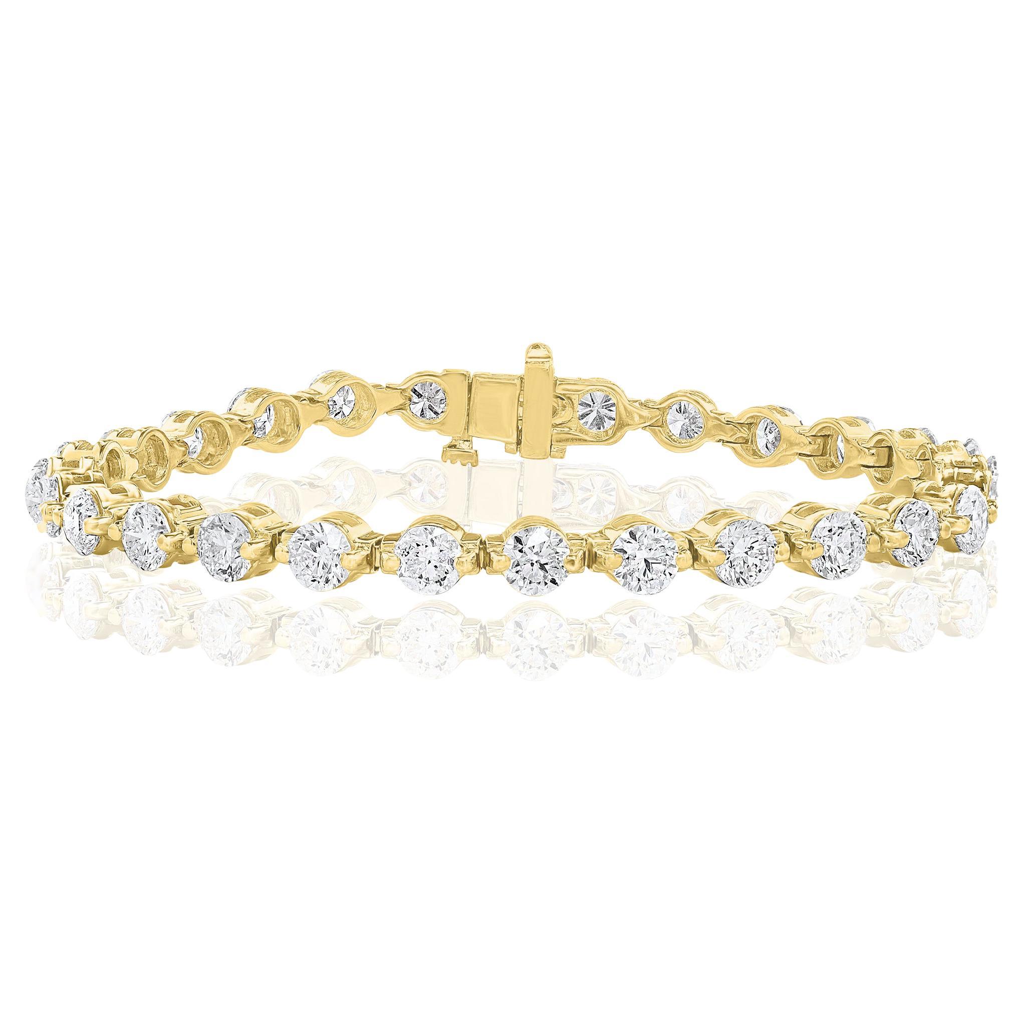 10.05 Carat Brilliant Cut Round Diamond Tennis Bracelet in 14K Yellow Gold For Sale