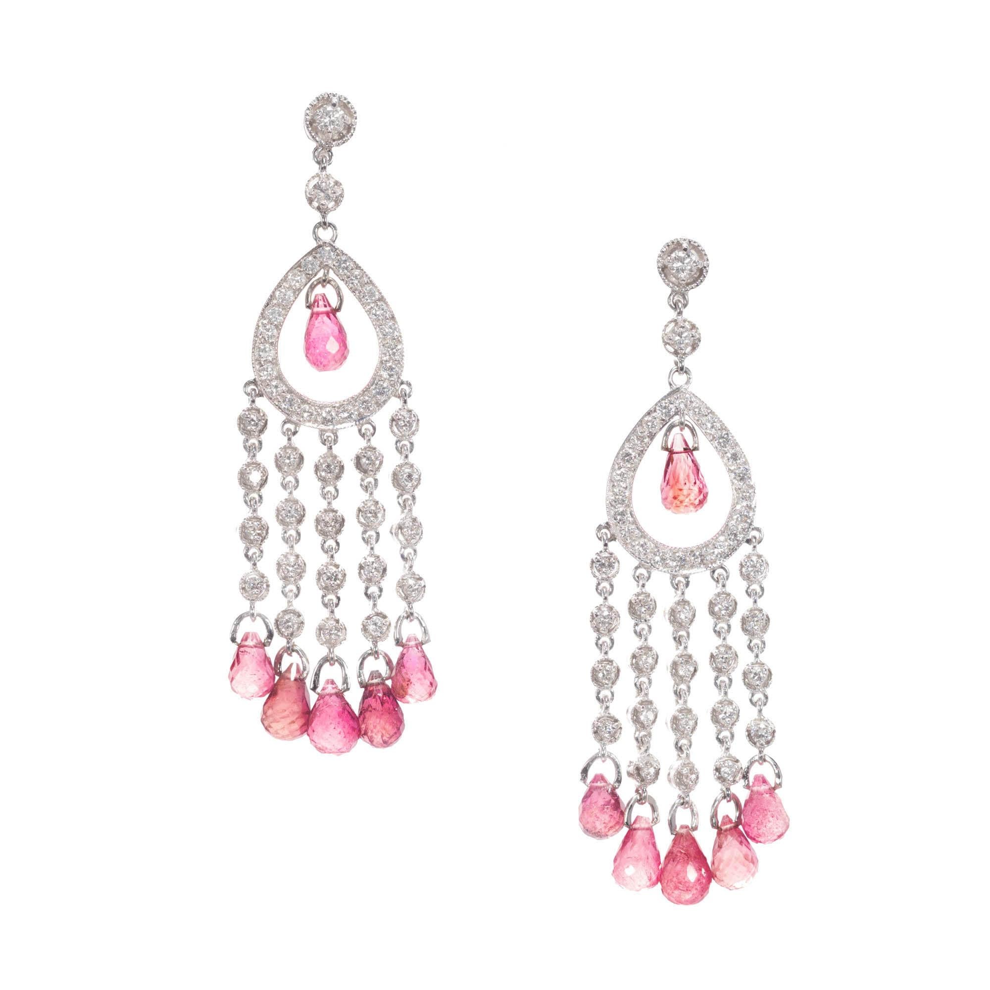 Pendants d'oreilles chandelier en forme de briolette en diamants et tourmaline rose de 10,05 carats en vente