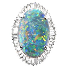 Vintage 10.05 Carat Natural Australian Black Opal and Diamond Ring Set in Platinum