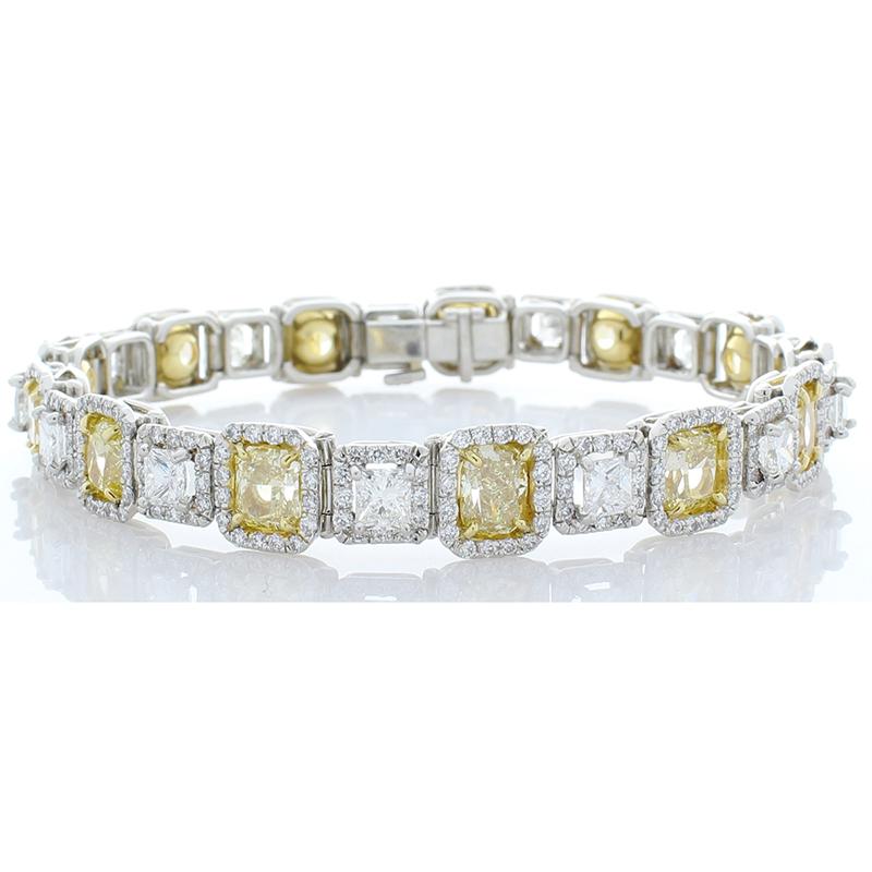 10,05 Karat Diamantarmband aus Platin mit Kissenschliff und gelben Diamanten (Zeitgenössisch) im Angebot
