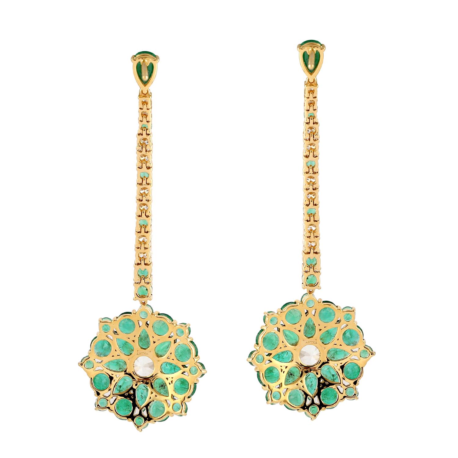 Modern 10.05 Carats Emerald Diamond 14 Karat Gold Linear Floral Earrings For Sale