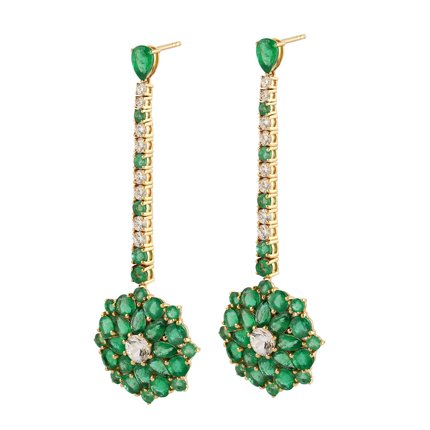 Mixed Cut 10.05 Carats Emerald Diamond 14 Karat Gold Linear Floral Earrings For Sale