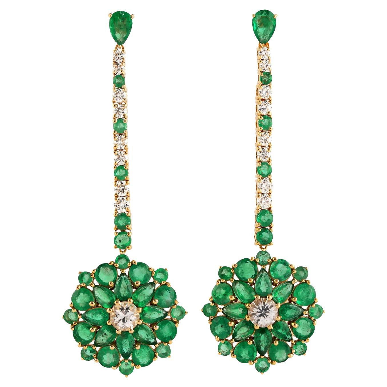 10.05 Carats Emerald Diamond 14 Karat Gold Linear Floral Earrings For Sale