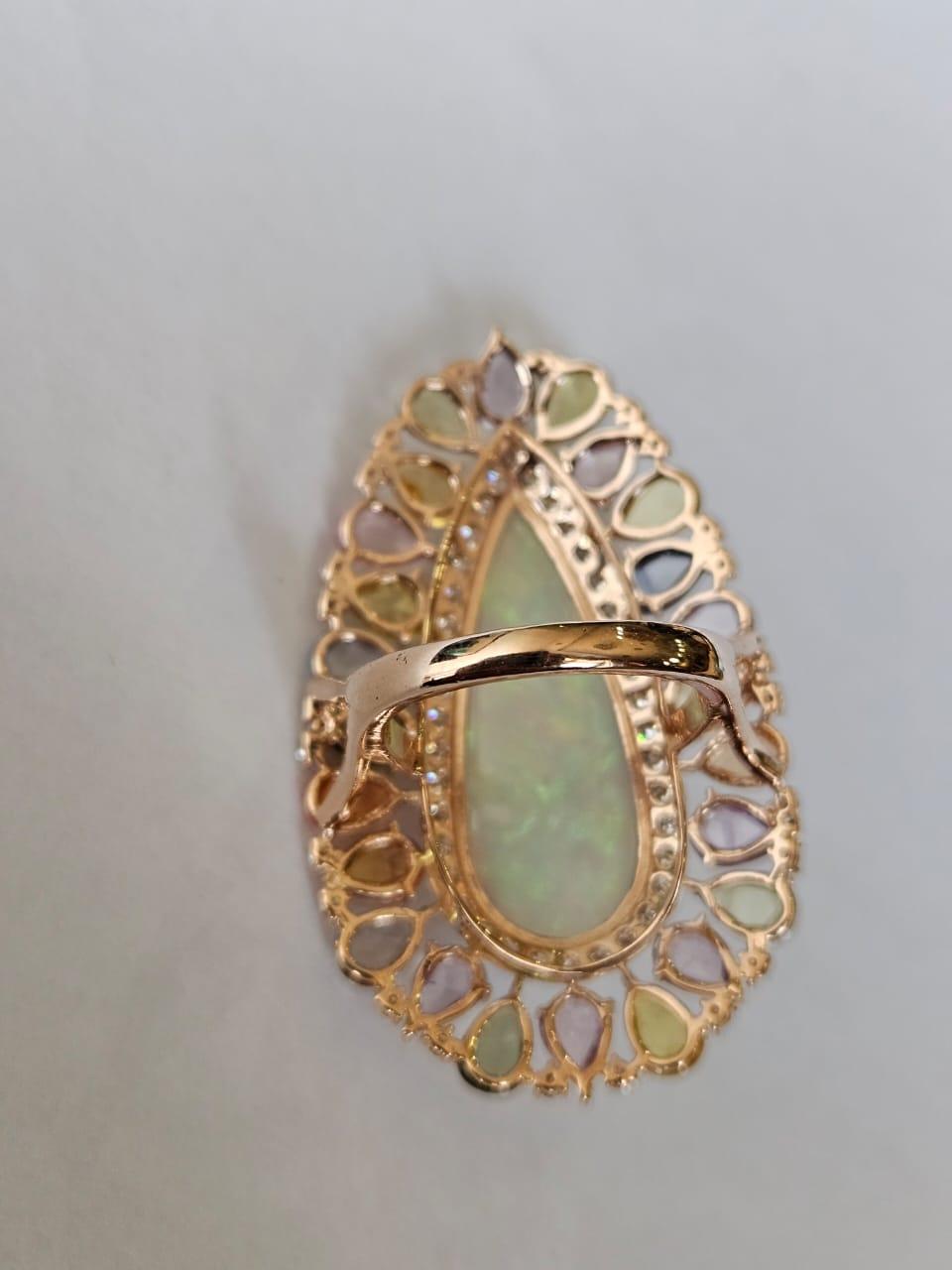 Art Deco 10.05 carats, Ethiopian Opal, Ceylon Multi Sapphires & Diamonds Cocktail Ring For Sale