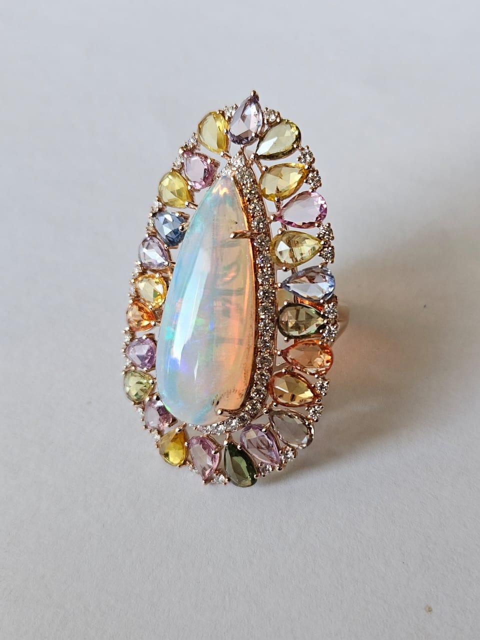 Pear Cut 10.05 carats, Ethiopian Opal, Ceylon Multi Sapphires & Diamonds Cocktail Ring For Sale