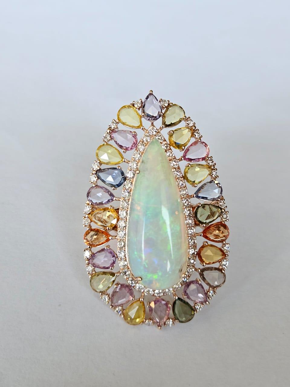 10.05 carats, Ethiopian Opal, Ceylon Multi Sapphires & Diamonds Cocktail Ring In New Condition For Sale In Hong Kong, HK