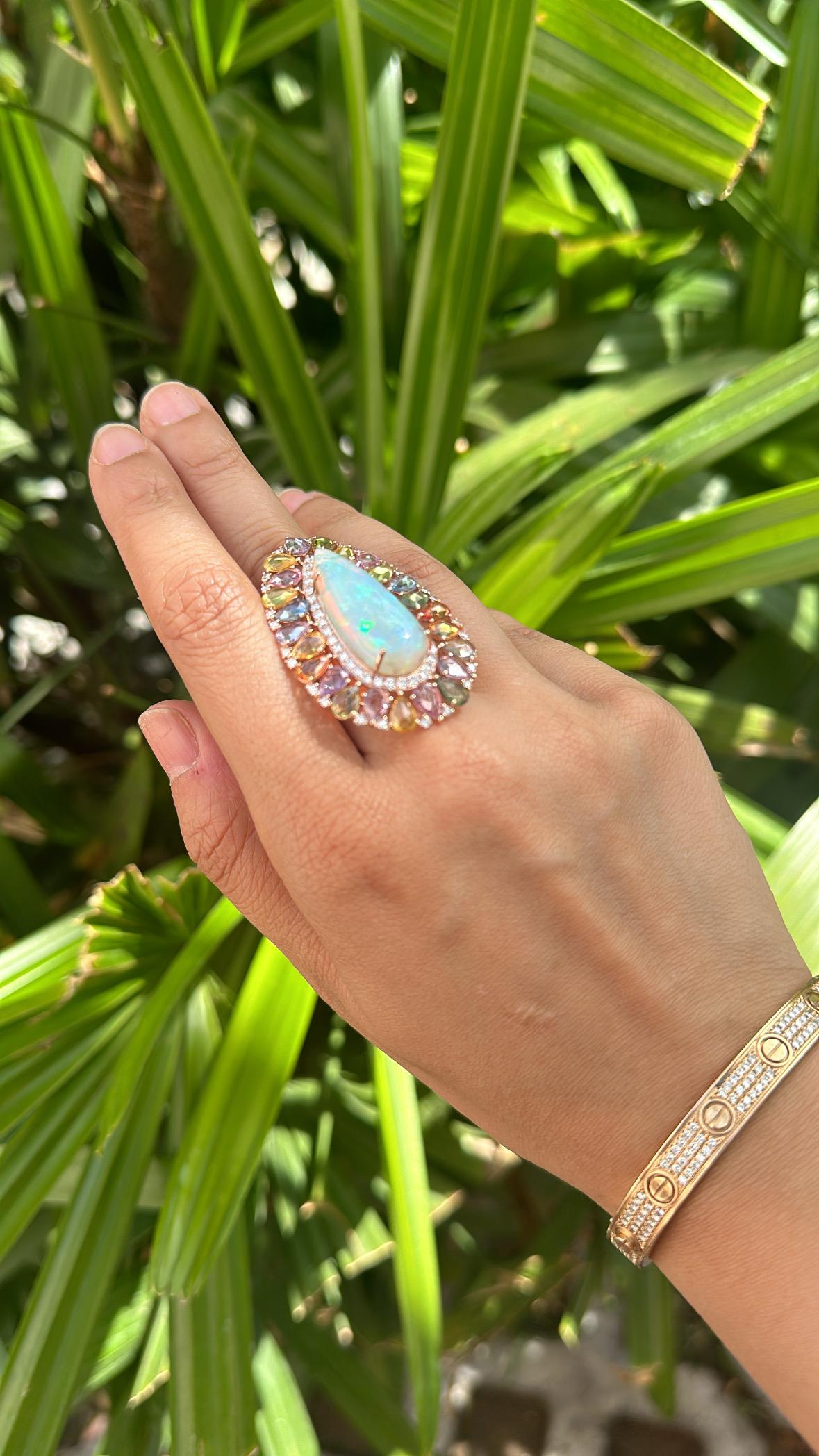10.05 carats, Ethiopian Opal, Ceylon Multi Sapphires & Diamonds Cocktail Ring For Sale 1