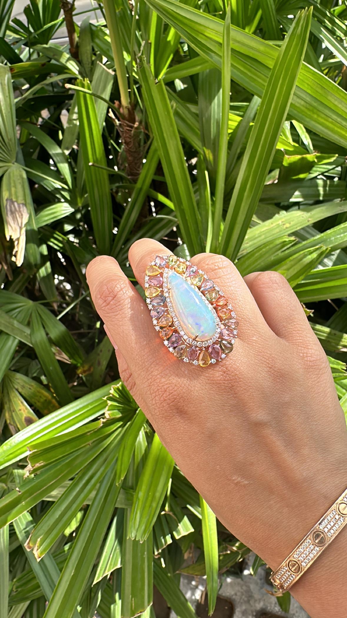10.05 carats, Ethiopian Opal, Ceylon Multi Sapphires & Diamonds Cocktail Ring For Sale 2